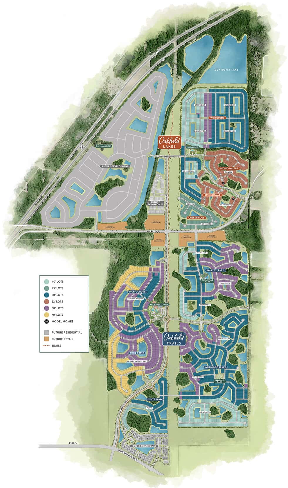 Watercolor style sitemap of the oakfield community