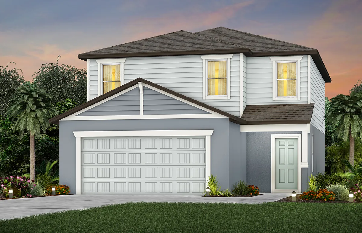 A modern two-story house with light blue siding, a two-car garage, and a front lawn with small plants and palm trees, set against a sunset sky.