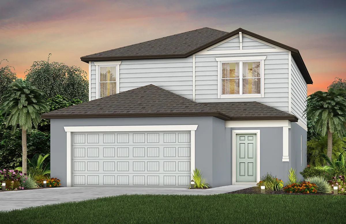 A two-story, modern suburban house with light blue siding, white trim, a double garage, and a small front garden, set against a sunset sky with palm trees in the background.