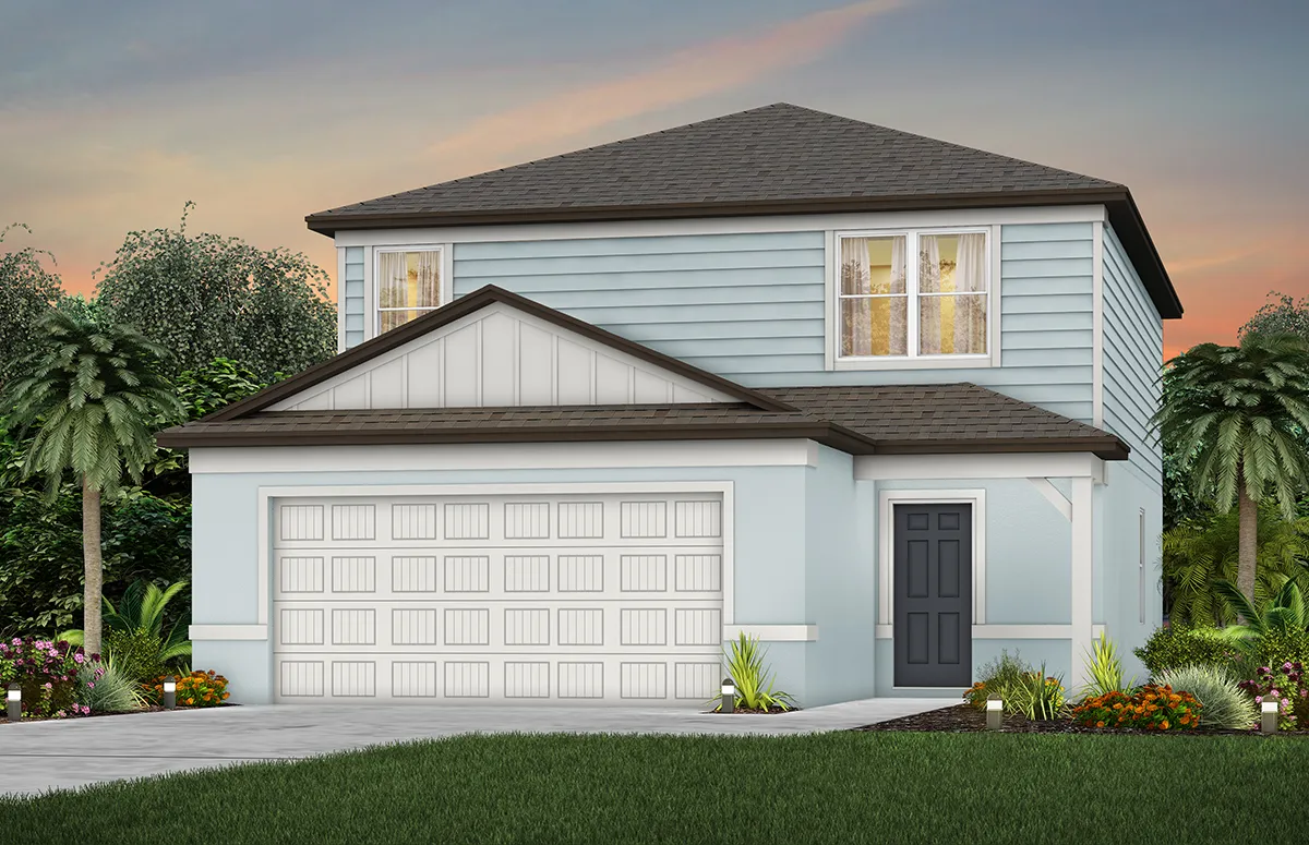 A two-story light blue suburban house with white trim, a double garage, dark front door, and neatly landscaped yard, set against a sunset sky with palm trees and greenery in the background.