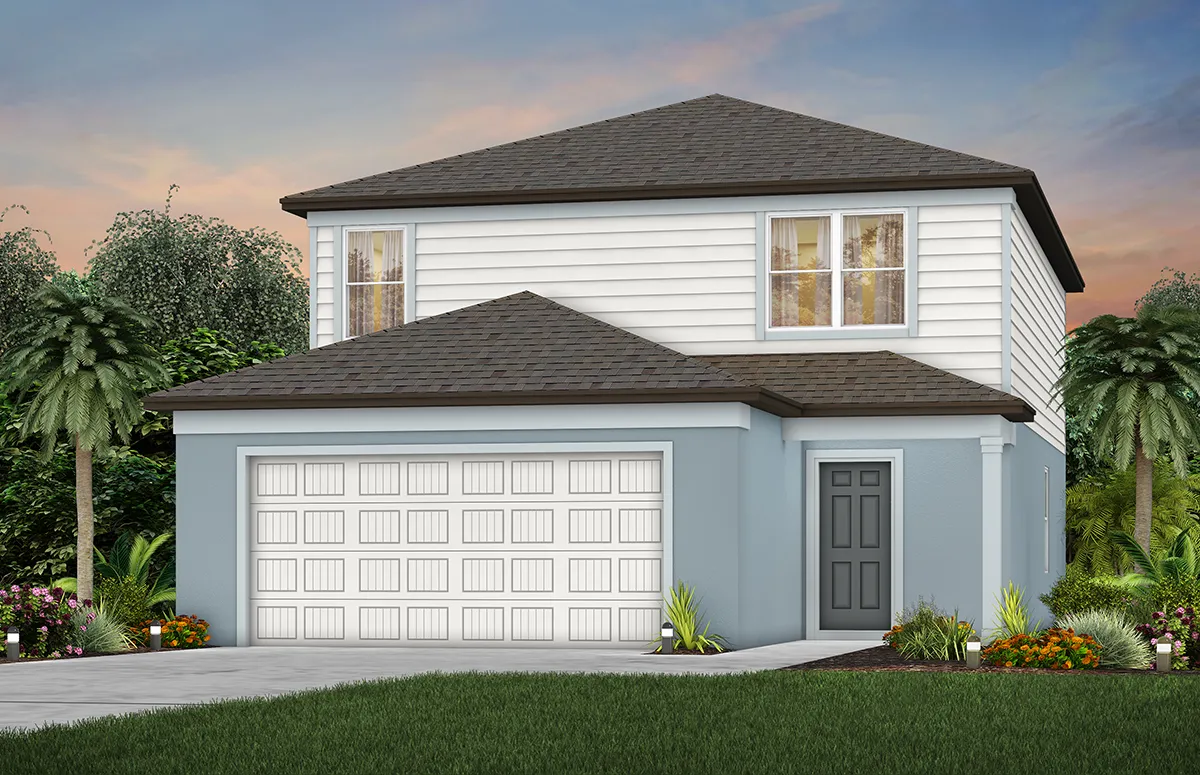 A modern two-story house with light blue walls, white trim, a dark gray roof, and a two-car garage. The yard is landscaped with grass, small plants, and palm trees under a colorful evening sky.