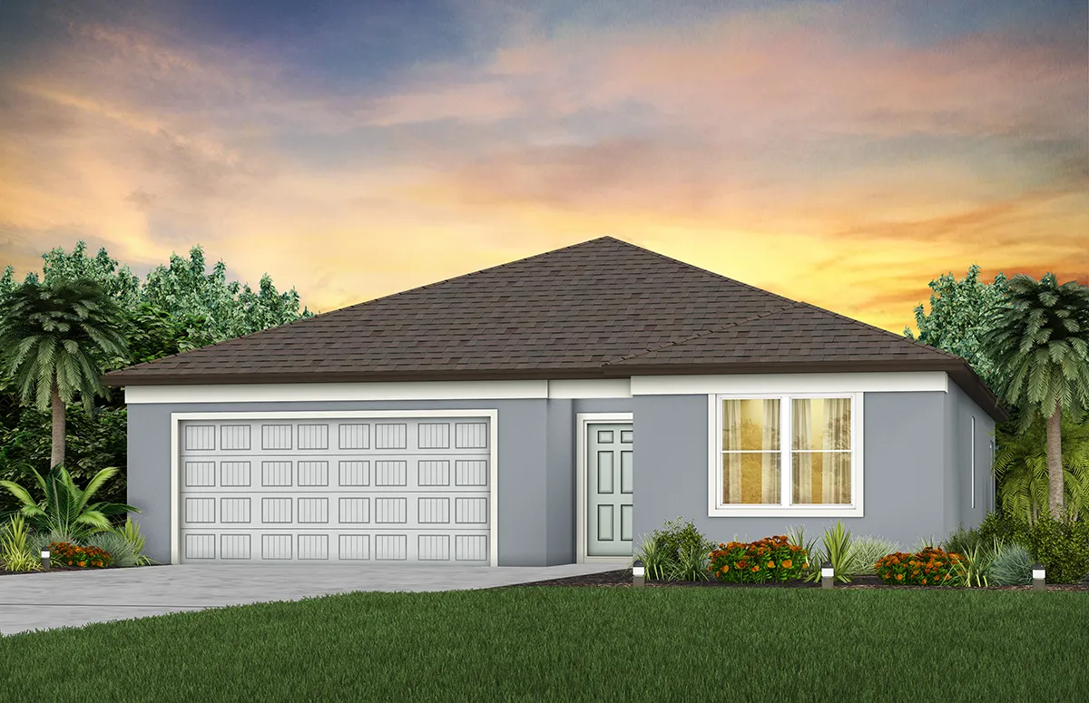 A single-story gray house with a two-car garage, white-trimmed windows, and a manicured lawn. Palm trees and plants surround the house, with a colorful sunset sky in the background.
