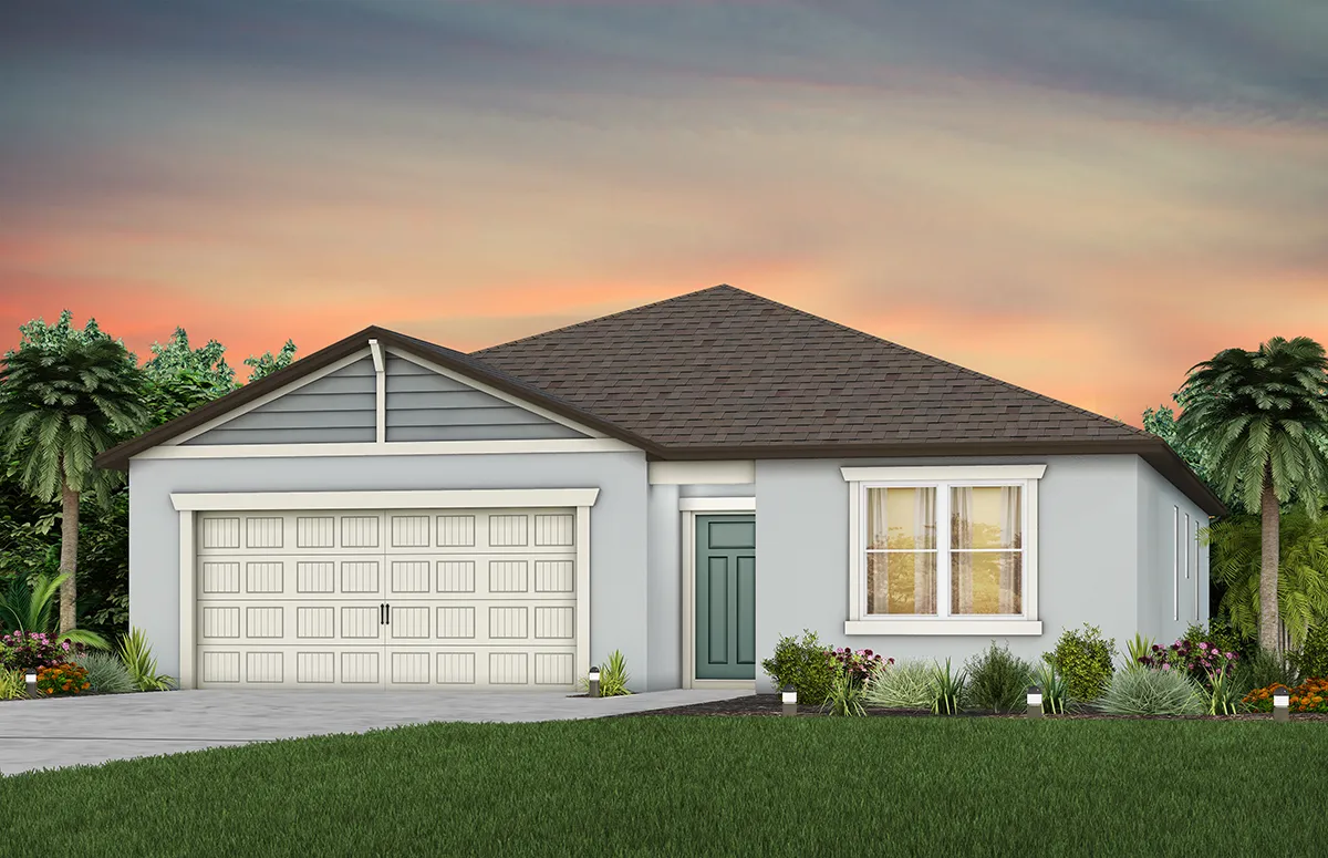 A single-story suburban house with light gray exterior, attached two-car garage, front door to the right, large window, landscaped yard, palm trees, and a colorful sunset sky in the background.