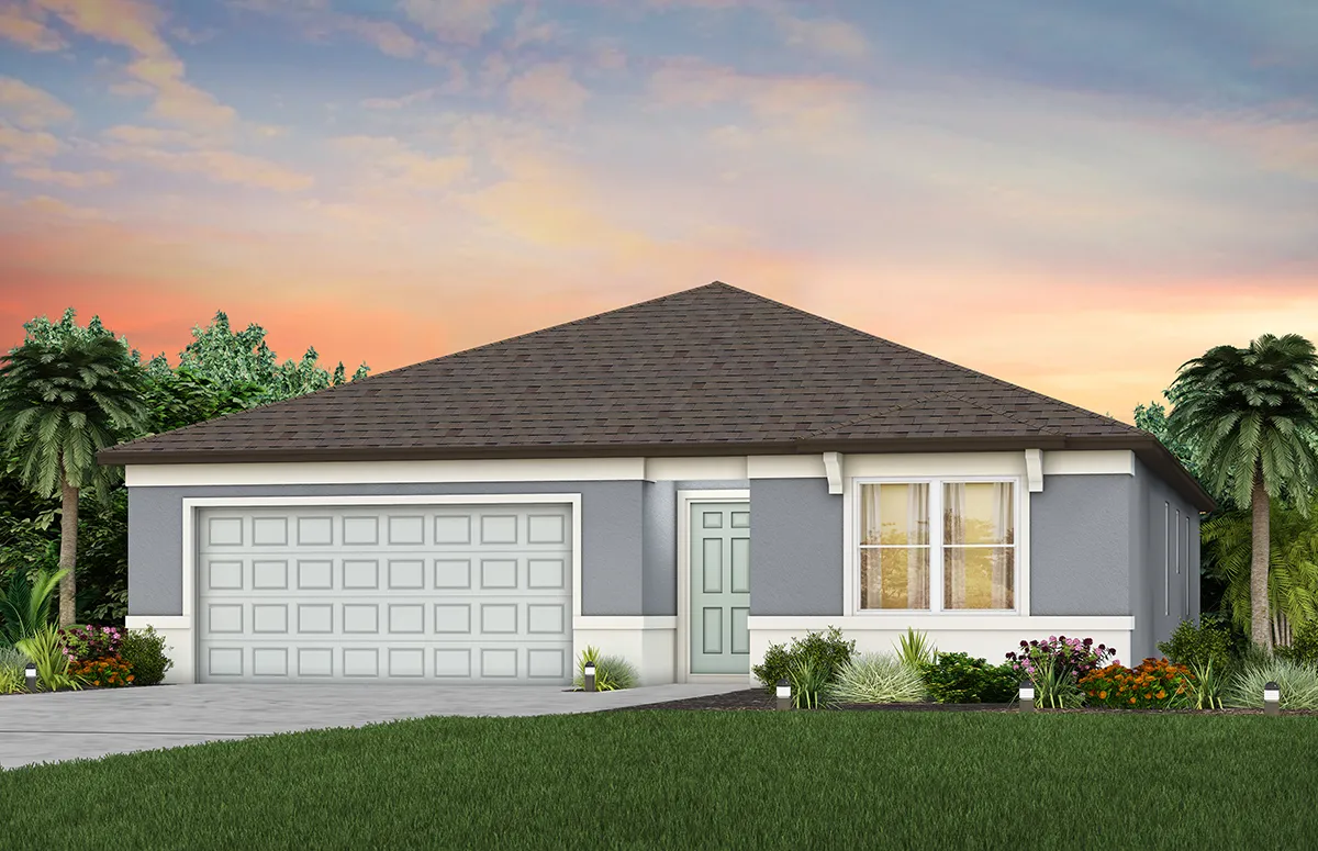 A modern single-story house with a gray exterior, white trim, and a two-car garage. The home is surrounded by green grass, plants, and palm trees, set against a colorful sunset sky.