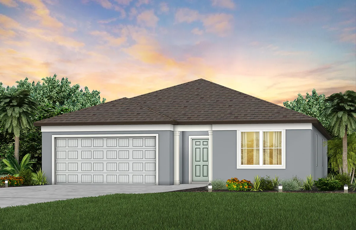 Single-story modern house with a gray exterior, two-car garage, and a light green front door. The home is surrounded by a neatly manicured lawn, small garden, palm trees, and is set against a colorful sunset sky.