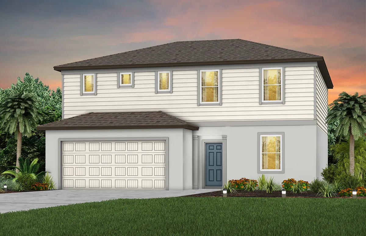 Two-story modern house with white siding, gray roof, attached two-car garage, blue front door, and illuminated windows, set against a sunset sky with palm trees and green lawn in the foreground.