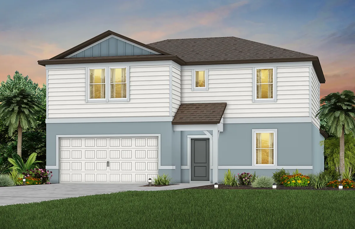 A two-story modern house with white and light blue siding, a gray front door, a double garage, large windows lit from inside, and landscaped front yard with green grass, plants, and palm trees at dusk.