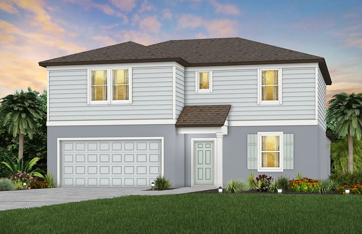 A modern two-story house with gray siding, white trim, a double garage, and a front lawn with colorful landscaping. Palm trees and a sunset sky are in the background.