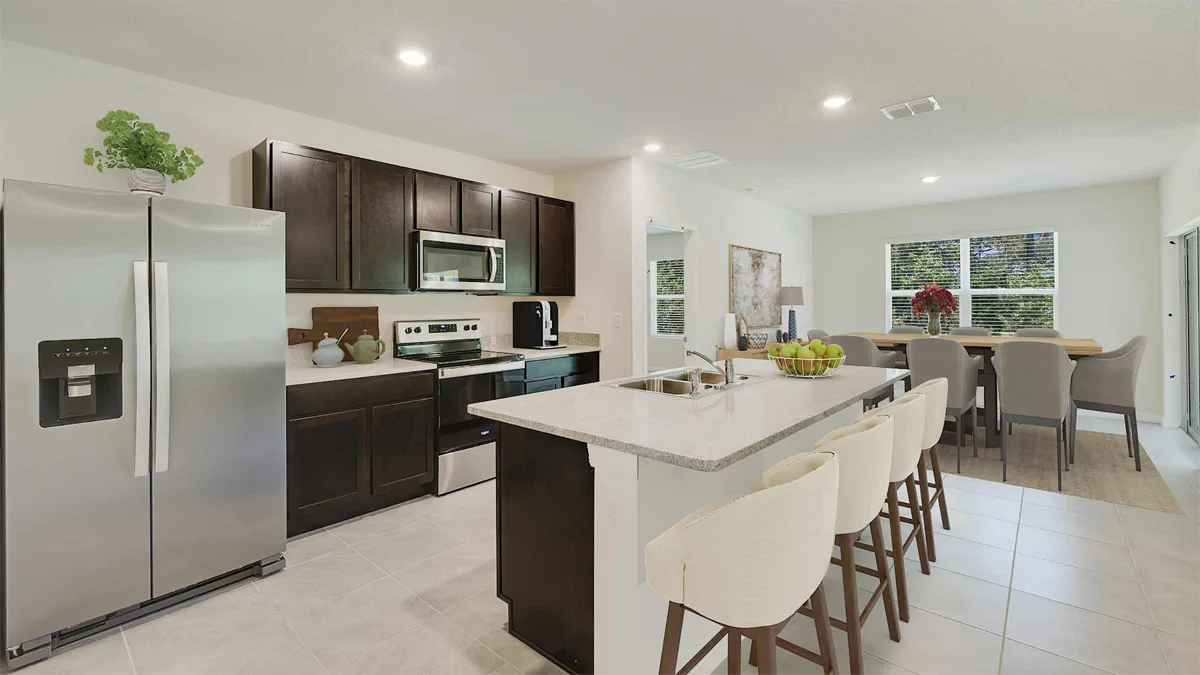 Modern kitchen with dark cabinets, stainless steel appliances, a center island with bar stools, and an open dining area with a large window and table set for six. Neutral tones and natural light fill the space.