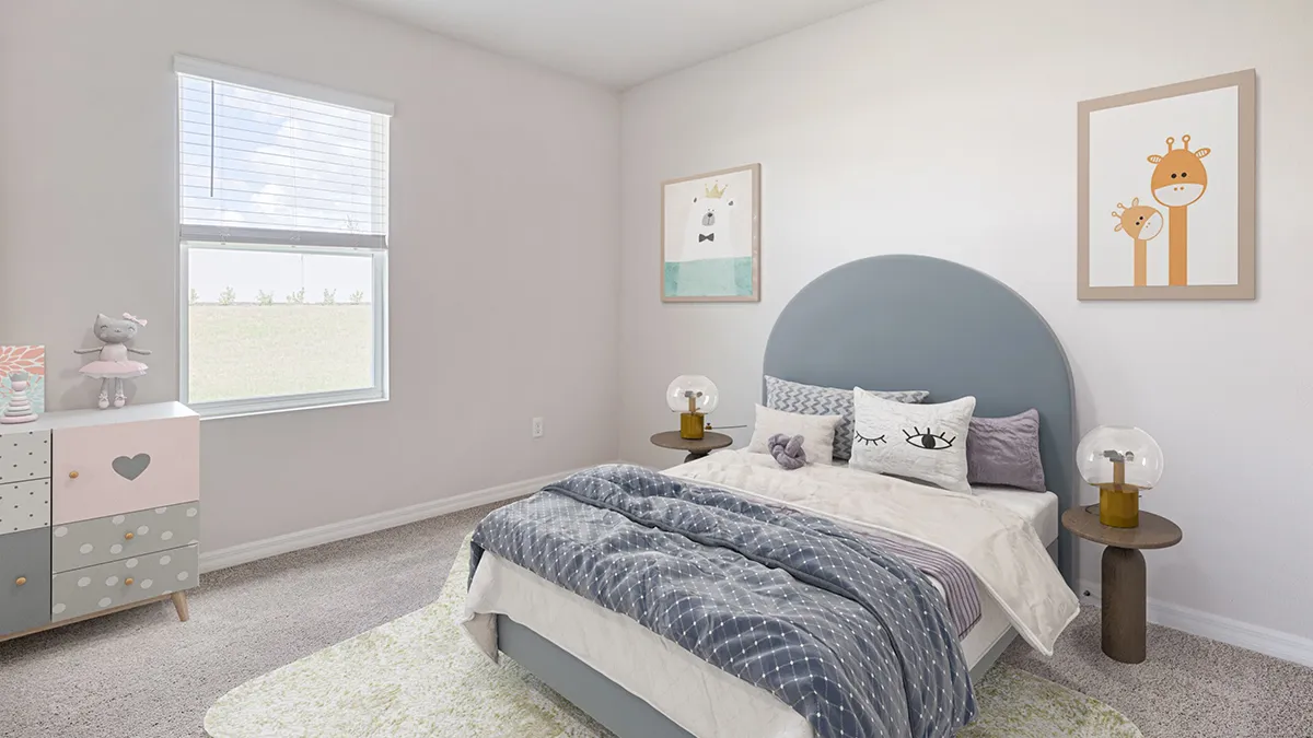 A bright, minimal children’s bedroom with a bed featuring blue and white bedding, a plush toy, two round bedside tables with lamps, a window with blinds, pastel dresser, and framed animal art on white walls.