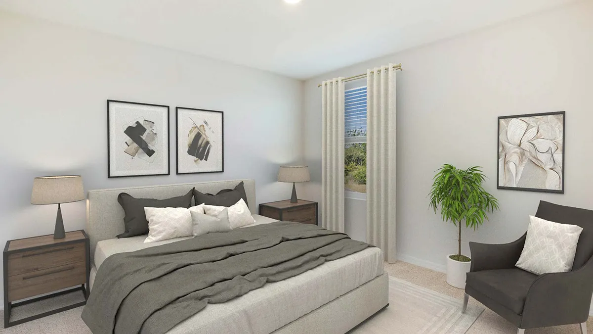 A modern bedroom with a gray bed, white and gray bedding, two wooden nightstands with lamps, abstract wall art, a gray armchair, a potted plant, and a window with white curtains.
