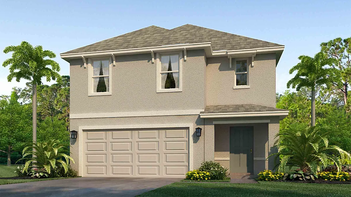 A modern two-story beige house with a double garage, front door to the right, and small landscaped garden. Two palm trees and green shrubs surround the home under a clear blue sky.