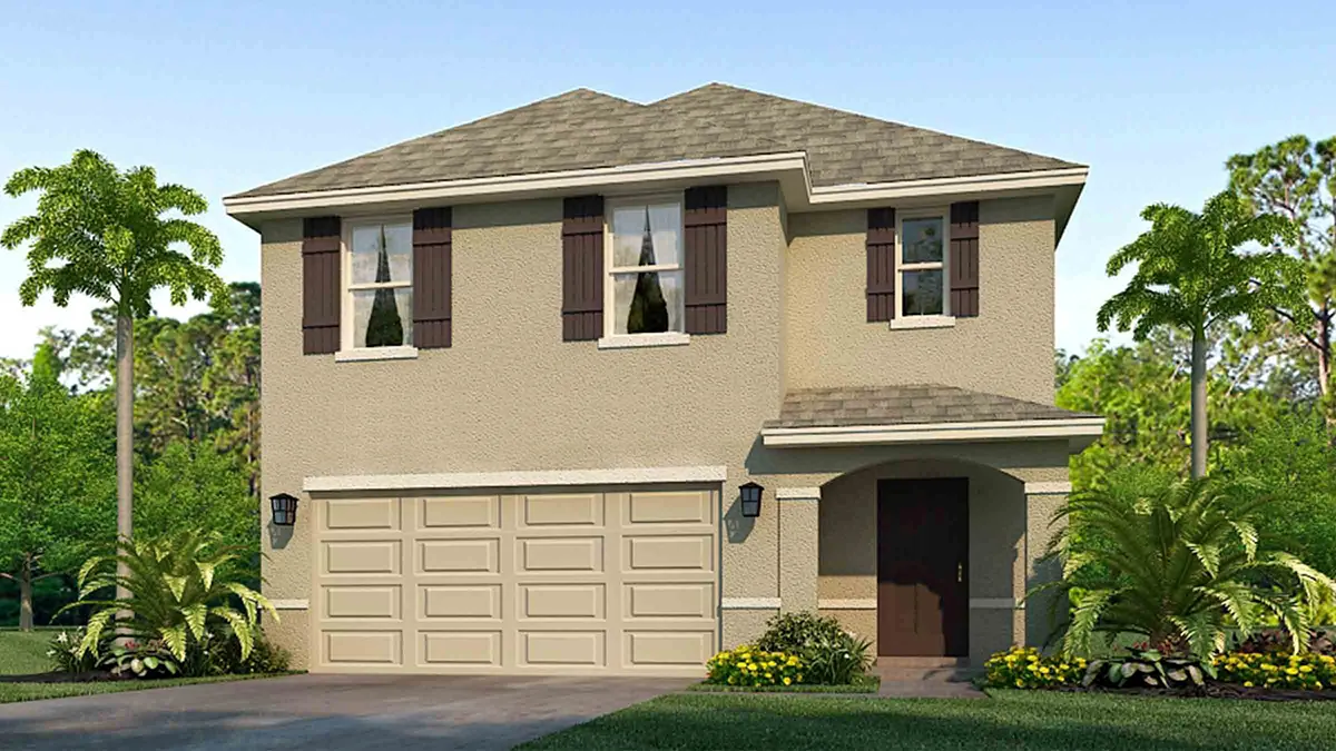 A two-story beige suburban house with brown shutters, a gray roof, a double garage, and a covered entry. Lush green landscaping and palm trees surround the home under a clear blue sky.