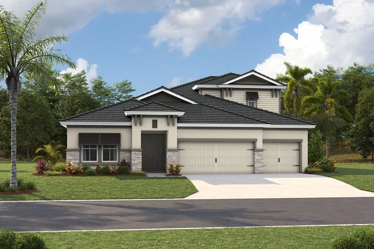 A modern two-story house with gray roof tiles, light-colored exterior walls, large windows, a three-car garage, and a well-kept lawn with palm trees and shrubs under a partly cloudy sky.