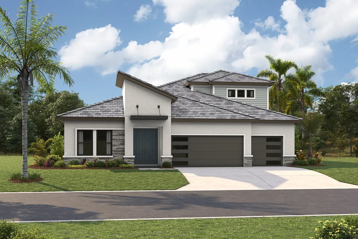 Modern single-story house with gray roof, large windows, double garage, and a neatly landscaped front yard featuring green grass, shrubs, and palm trees under a partly cloudy sky.