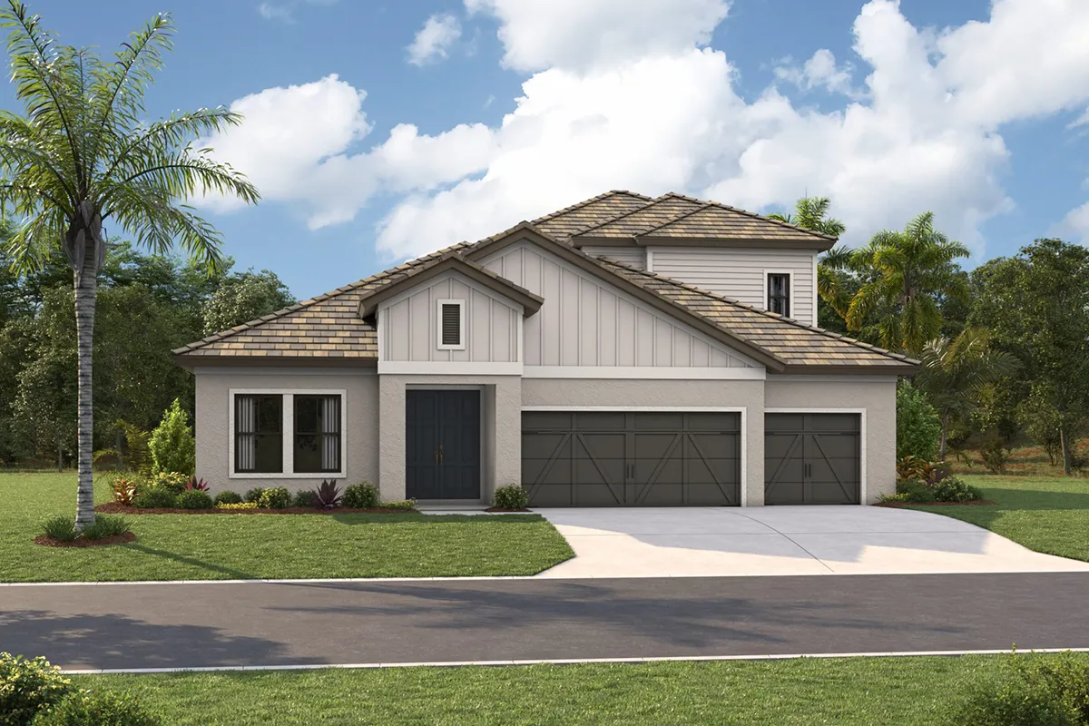 Modern two-story suburban house with light gray siding, dark roof tiles, and three-car garage. Palm tree and landscaping in front, with a blue sky and scattered clouds in the background.