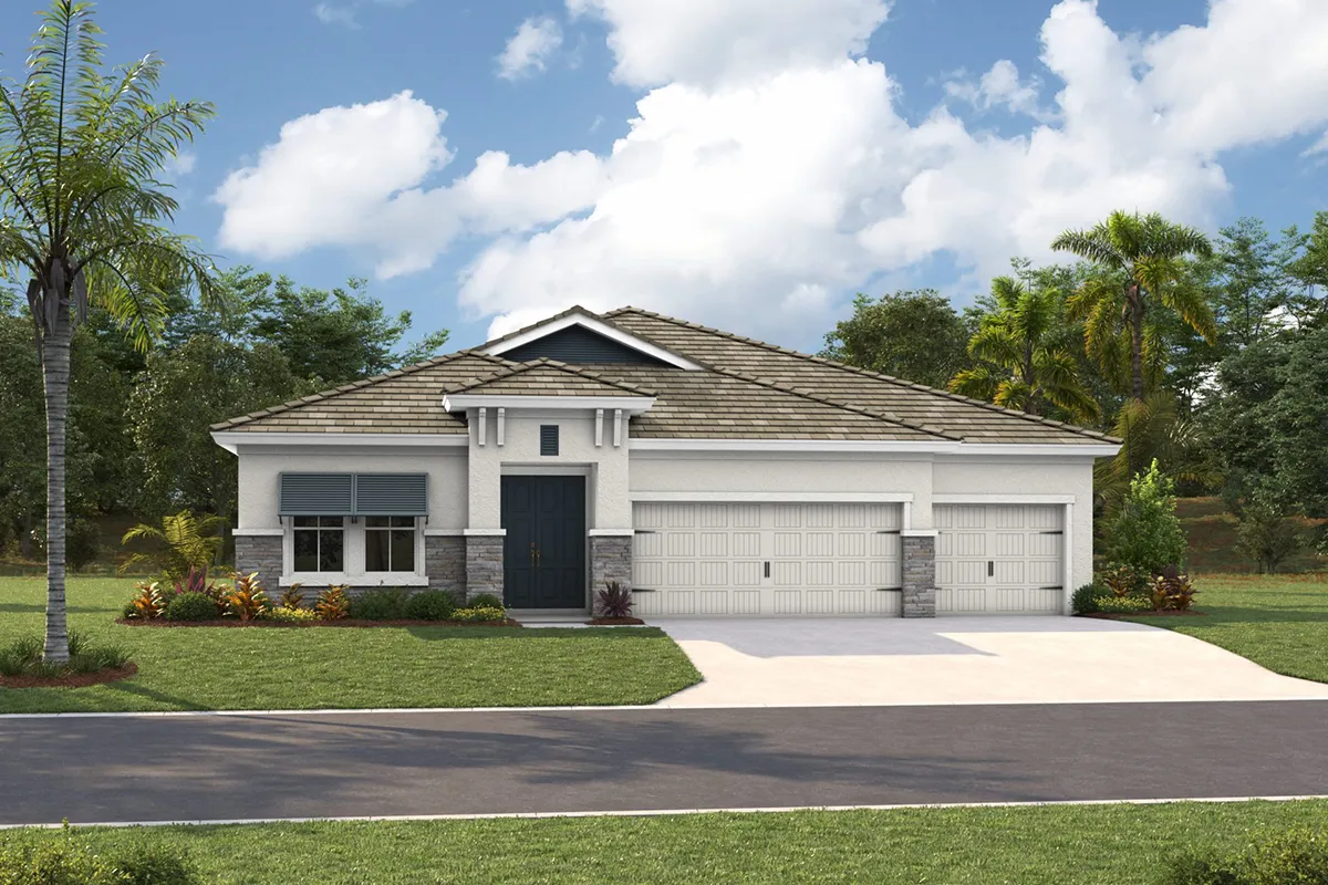 A modern single-story house with a light-colored exterior, three-car garage, manicured lawn, palm tree, and shrubs, set against a partly cloudy sky and surrounded by greenery.