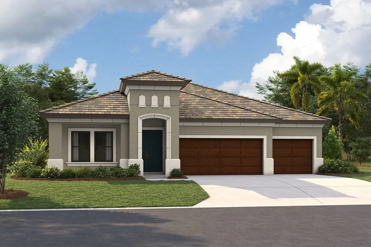 Single-story house with light-colored stucco walls, a tiled roof, three-car garage with wooden doors, and manicured lawn, set against trees and a partly cloudy sky.