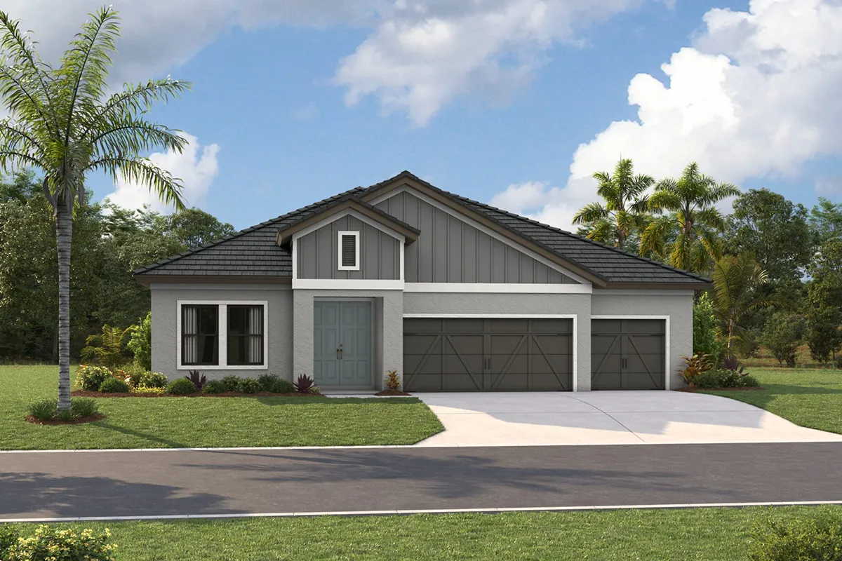 Single-story modern house with gray siding, a blue front door, and a three-car garage. Theres a palm tree on the left and green landscaping in front, under a partly cloudy sky.