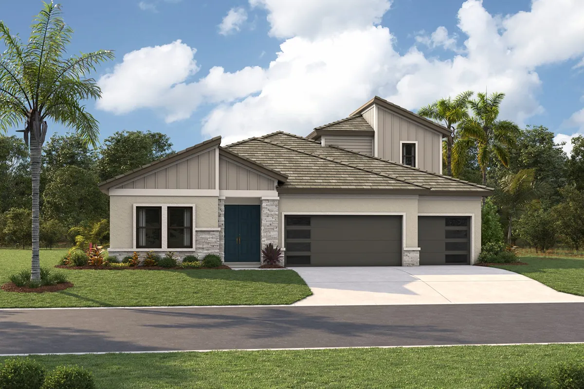 Modern two-story house with light-colored exterior, blue front door, stone accents, and a three-car garage. Well-kept lawn, palm trees, and shrubs adorn the front yard under a partly cloudy sky.