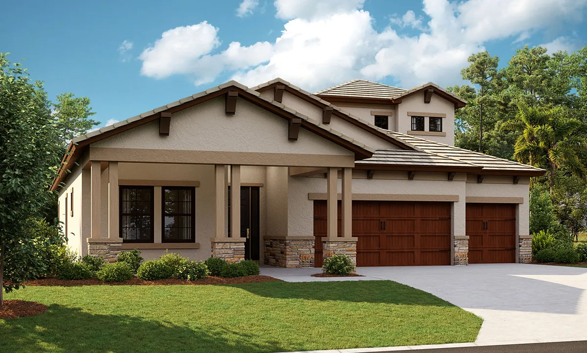 Modern two-story house with beige stucco walls, stone accents, brown trim, and three wooden garage doors; neatly landscaped yard with green grass, shrubs, and trees under a blue sky with scattered clouds.