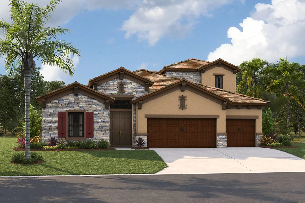 A modern two-story house with tan stucco and stone exterior, brown wooden garage doors, a tile roof, and landscaped front yard with palm trees and green grass under a partly cloudy sky.