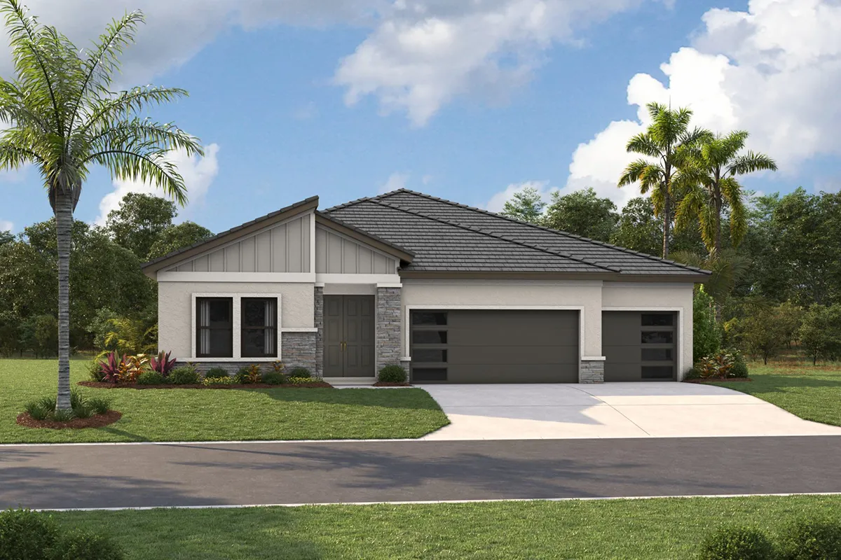 Single-story modern house with gray roof, three-car garage, light-colored exterior, stone accents, and large windows, surrounded by a green lawn, palm trees, and landscaping under a partly cloudy sky.