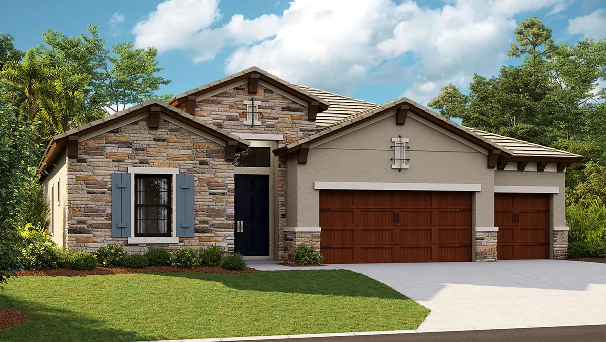 Single-story suburban house with stone and stucco exterior, gabled roof, blue shutters, three-car wooden garage doors, and a well-maintained front yard with grass and bushes, set against a backdrop of trees and blue sky.