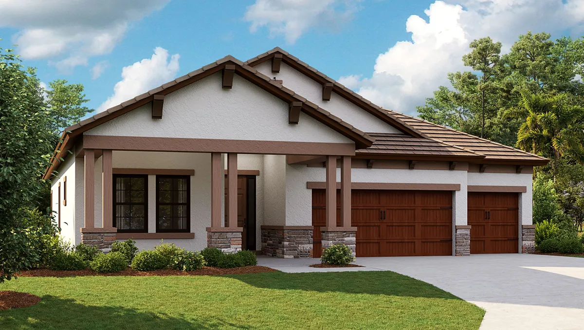 A modern single-story house with a gabled roof, white stucco walls, brown trim, three wooden garage doors, and a covered front porch, surrounded by greenery under a partly cloudy sky.