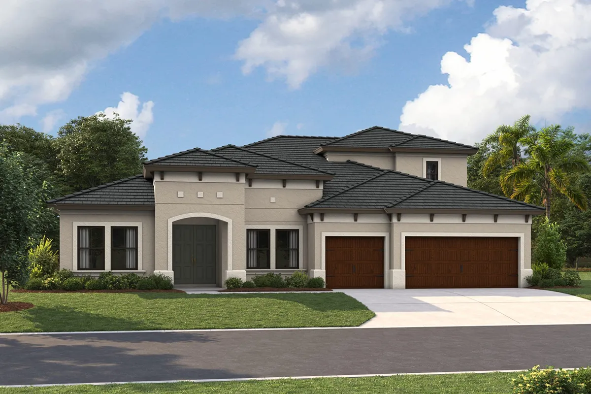 Two-story modern house with light beige exterior, dark gray tile roof, three wooden garage doors, and manicured lawn, set against a backdrop of trees and a partly cloudy sky.