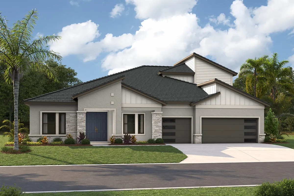 Modern single-story house with light gray walls, dark gray roof, double front doors, stone accents, three-car garage, and landscaped front yard, set against a partly cloudy sky with palm trees in the background.