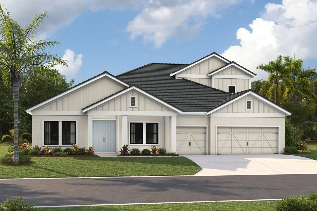 A modern two-story house with white siding, black roof tiles, two garage doors, and a manicured lawn with palm trees and shrubs in front, under a partly cloudy sky.
