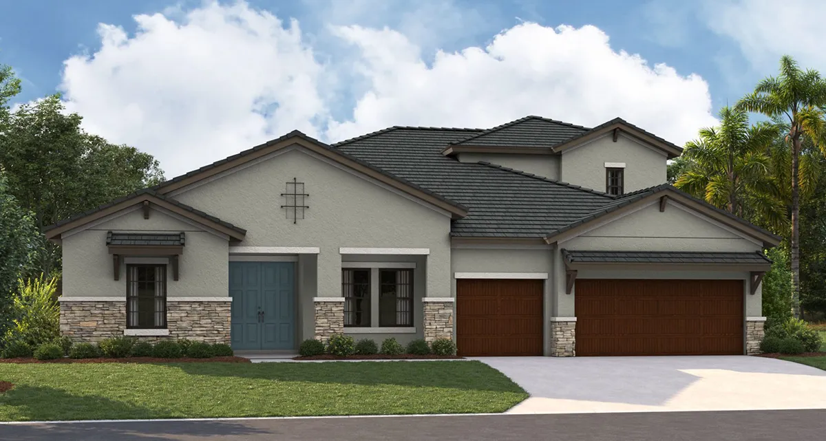 A modern two-story house with gray stucco walls, stone accents, dark gray roof tiles, double front doors, and three wooden garage doors, surrounded by green landscaping and palm trees under a partly cloudy sky.