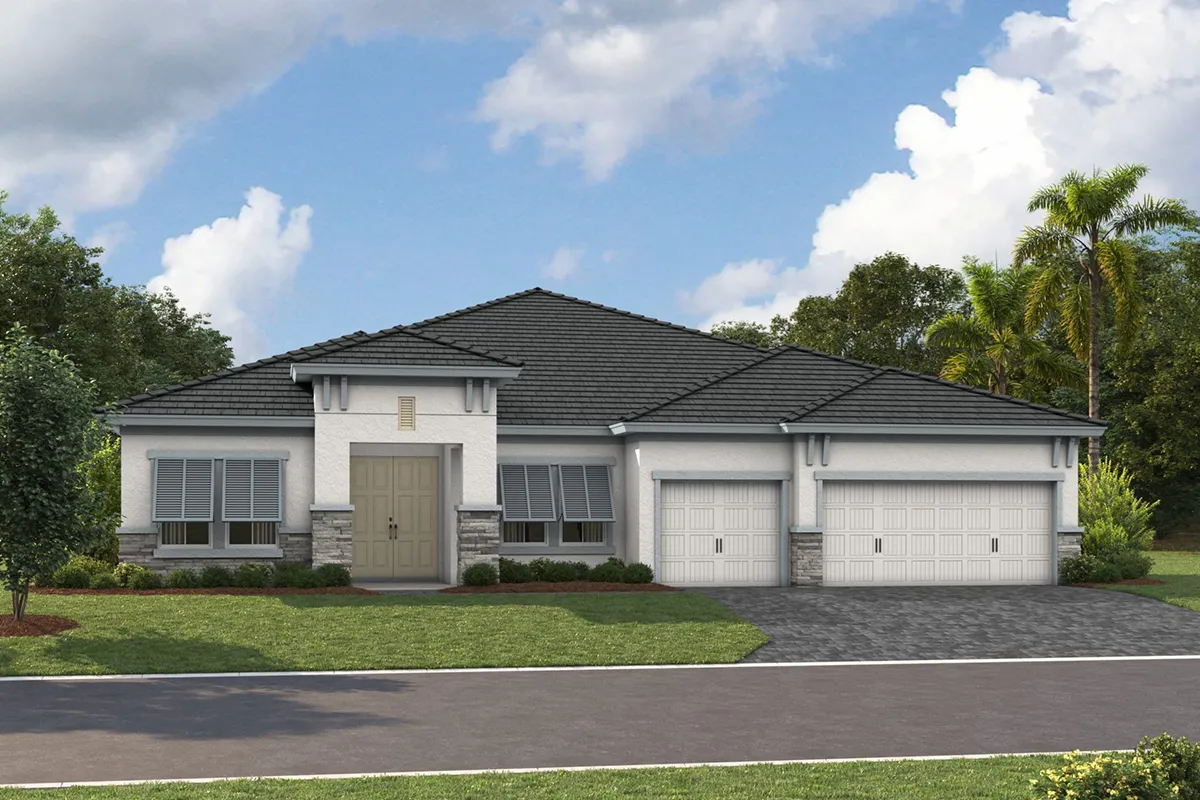 Single-story modern house with gray roof, white walls, stone accents, large windows, and three-car garage; driveway and manicured lawn in front, with trees and blue sky in the background.