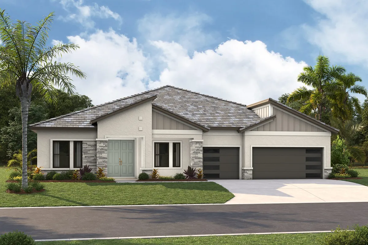 Modern single-story house with light gray walls, stone accents, and a tiled roof. Features large double front doors, three-car garage, manicured lawn, and palm trees against a blue sky with scattered clouds.