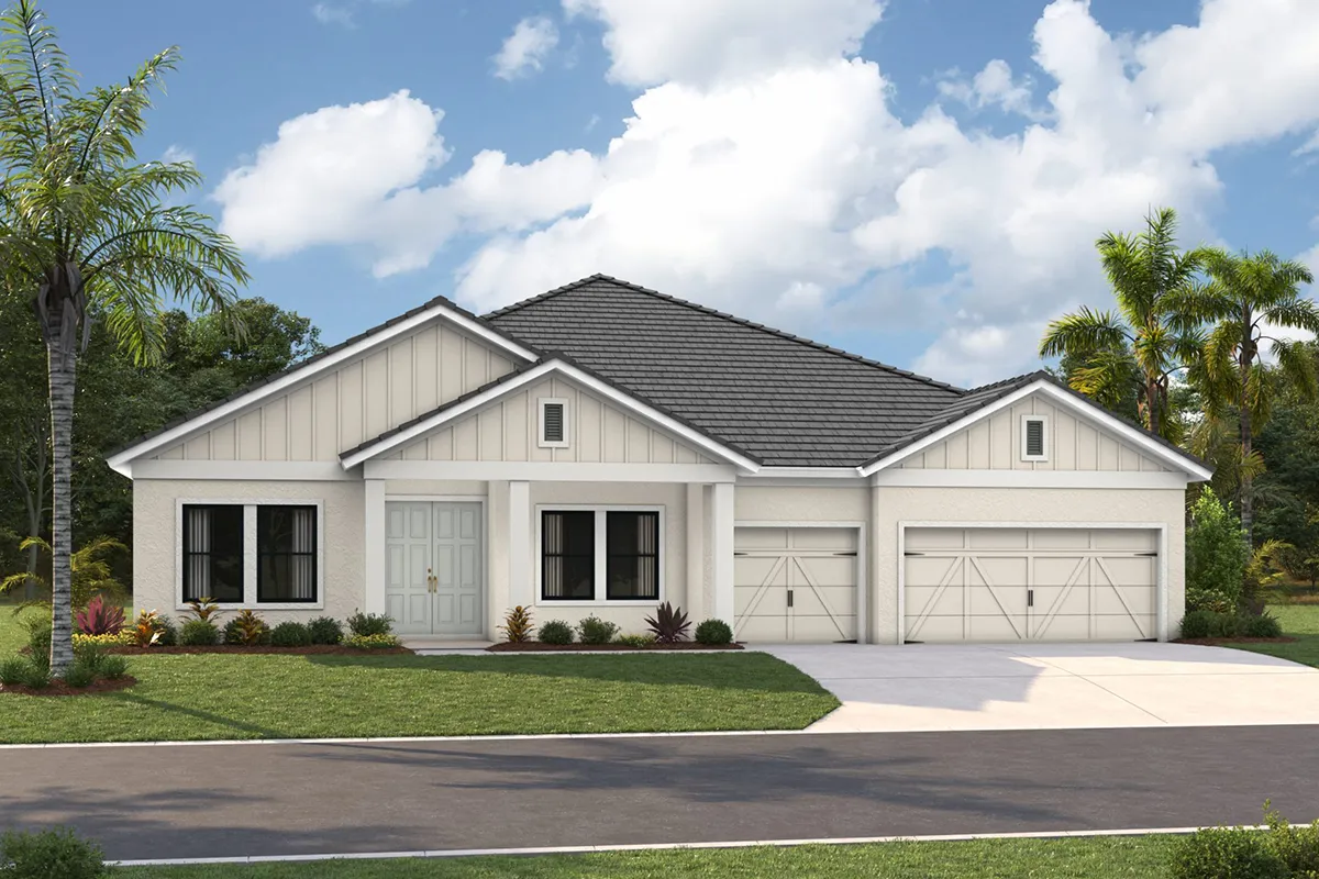 Single-story modern house with white siding, gray shingle roof, three-car garage, and landscaped front yard with palm trees and shrubs under a partly cloudy sky.