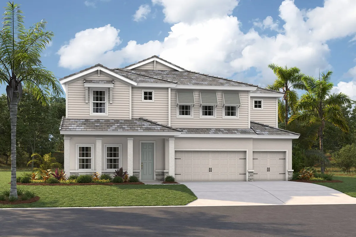 Two-story modern house with light gray siding, white trim, and a three-car garage. The yard has green grass, small shrubs, and palm trees, with a cloudy blue sky in the background.