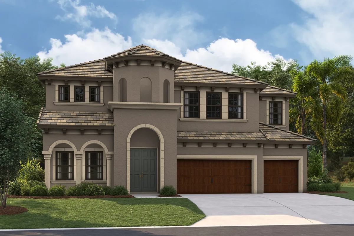 Two-story Mediterranean-style house with stucco exterior, arched entry, brown tiled roof, three-car wooden garage doors, tall windows, and a circular front turret, surrounded by green shrubs and trees under a partly cloudy sky.