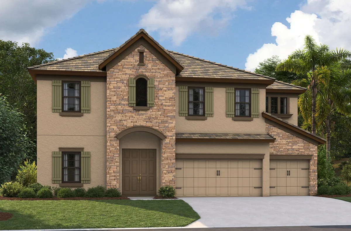 Two-story beige house with stone accents, brown shutters, three-car garage, and a large arched entryway, surrounded by greenery and trees under a partly cloudy sky.