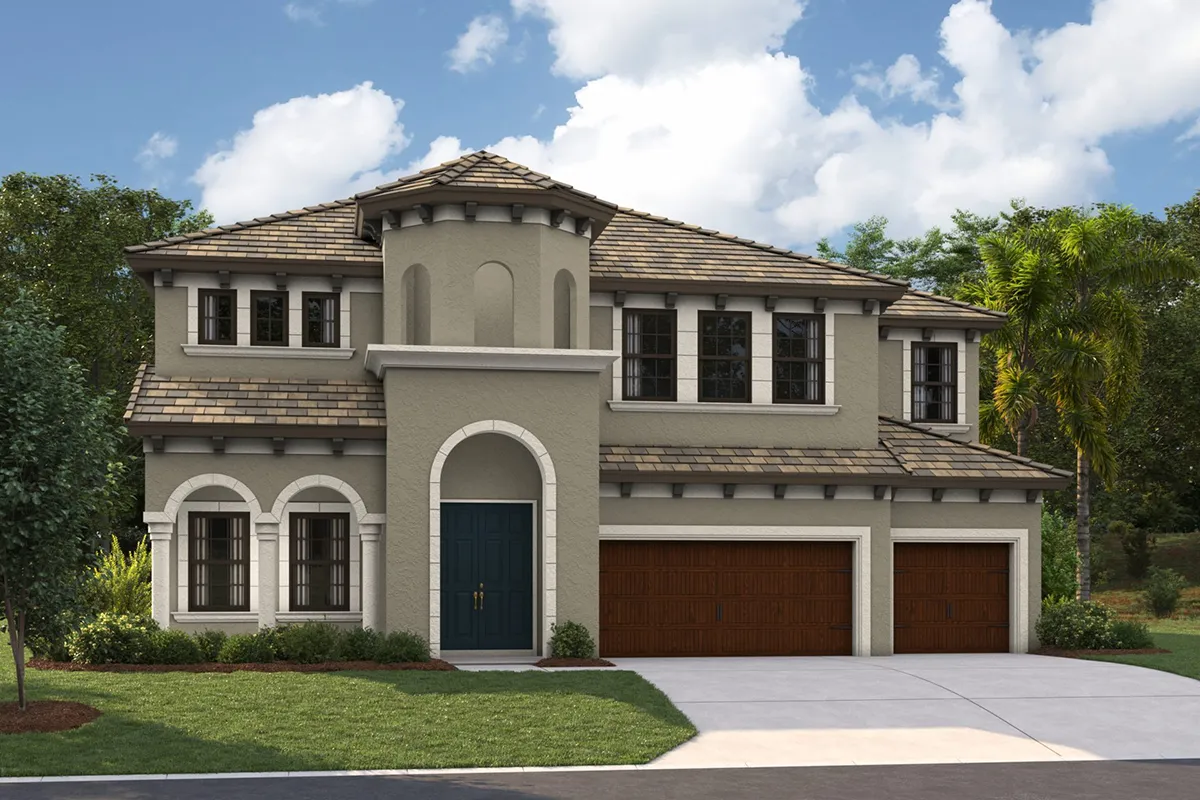 Two-story house with a beige exterior, arched entryway, black double front doors, three-car wooden garage, tile roof, and well-kept landscaping, set against trees and a partly cloudy sky.