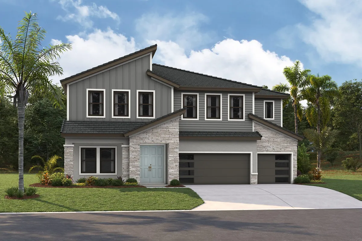 Modern two-story house with gray siding, stone accents, black-framed windows, a double front door, and a three-car garage, surrounded by green lawn, palm trees, and landscaping under a blue sky with clouds.