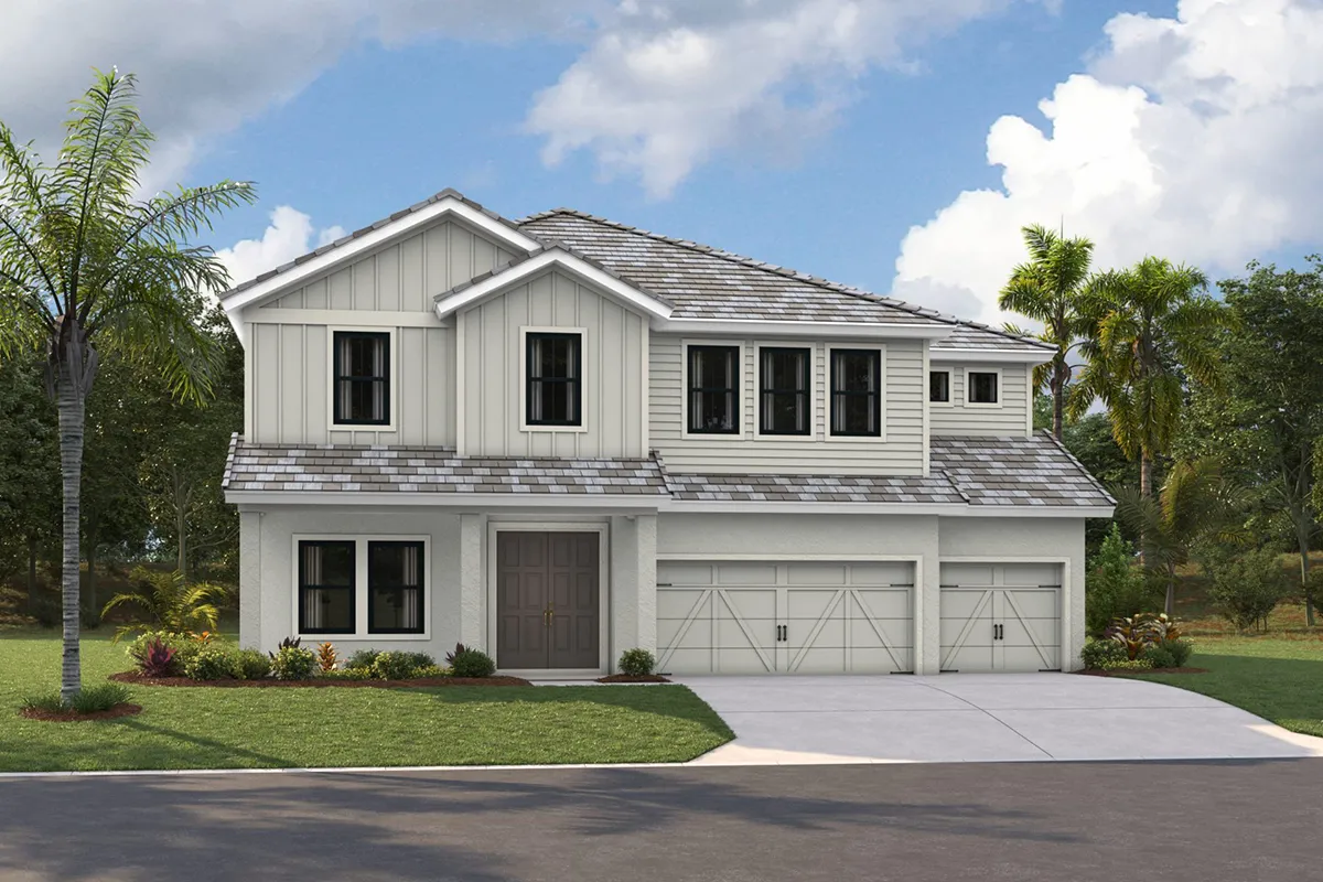 A modern two-story house with light-colored siding, gray shingled roof, double garage doors, and a neatly landscaped front yard with palm trees and green grass under a partly cloudy sky.