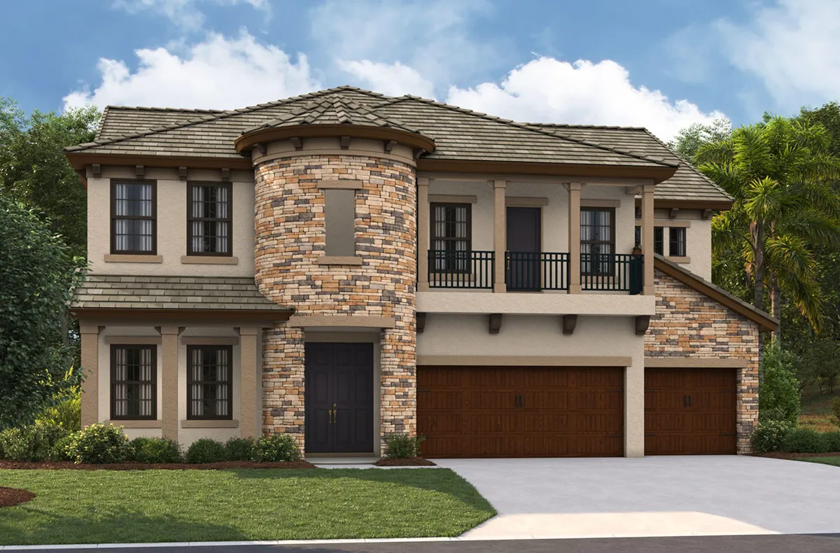 Two-story house with a stone turret, beige stucco exterior, black-framed windows, dark double front doors, three-car wooden garage, balcony, and landscaped yard under a partly cloudy sky.