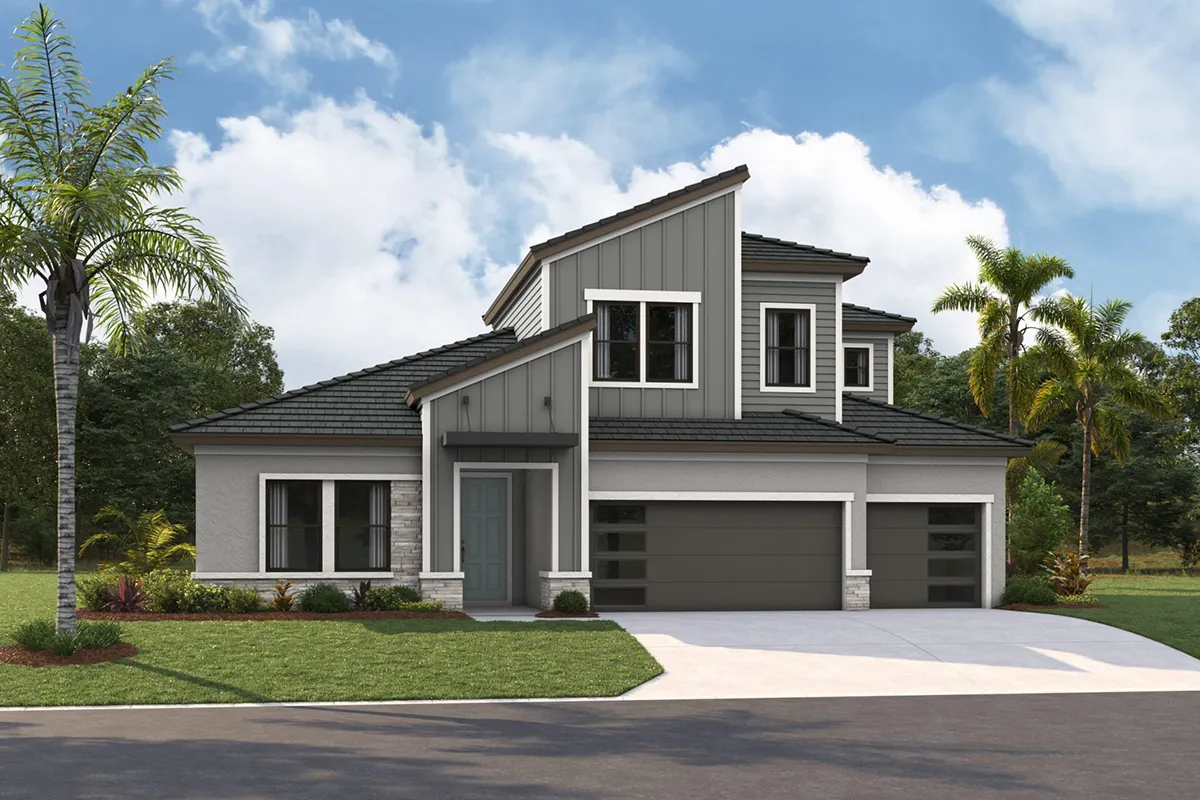 Modern two-story house with gray siding and stone accents, large windows, a three-car garage, manicured lawn, and palm trees in the yard under a partly cloudy sky.