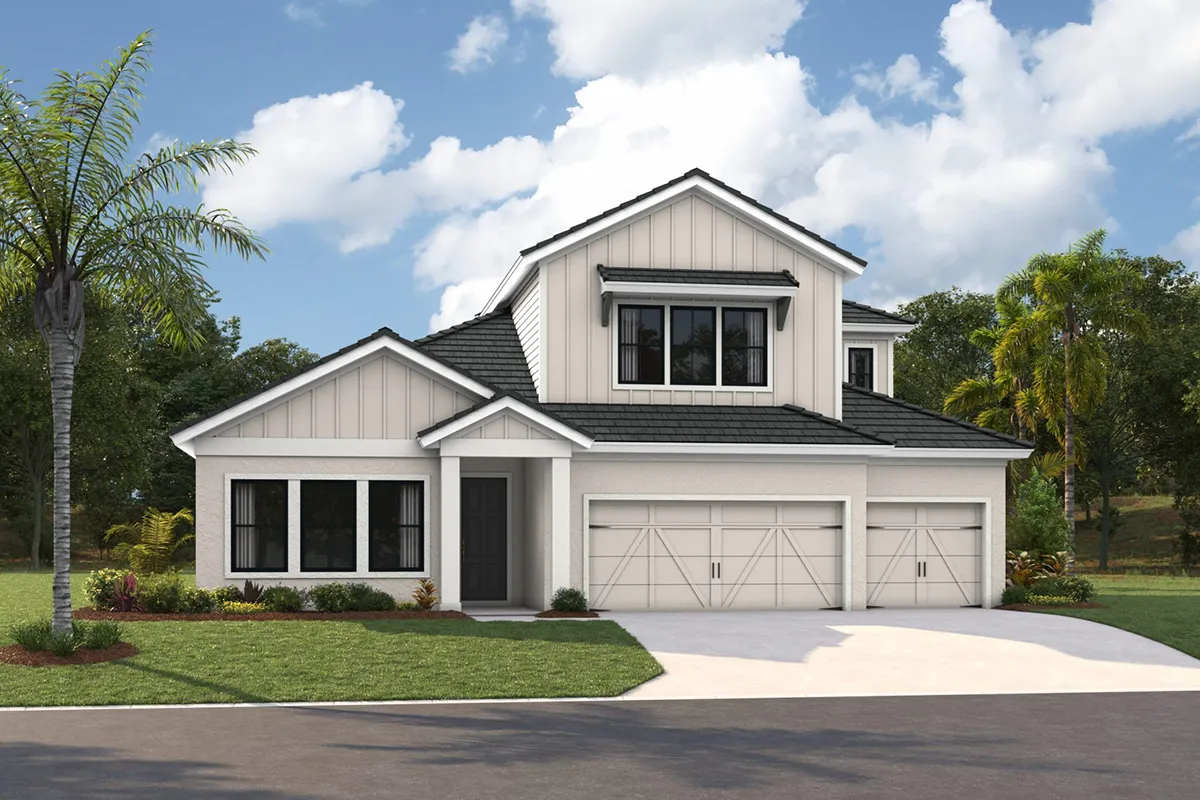 Modern two-story house with white exterior, black-framed windows, and a three-car garage. The front yard has green grass, small plants, and a palm tree. Sky is blue with scattered clouds.