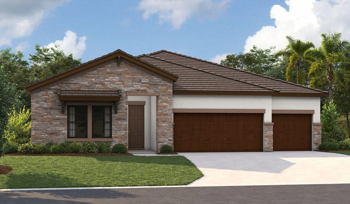Single-story house with stone and stucco exterior, brown shingle roof, three-car garage with wooden doors, large front window, and a neatly landscaped yard with bushes and green grass.