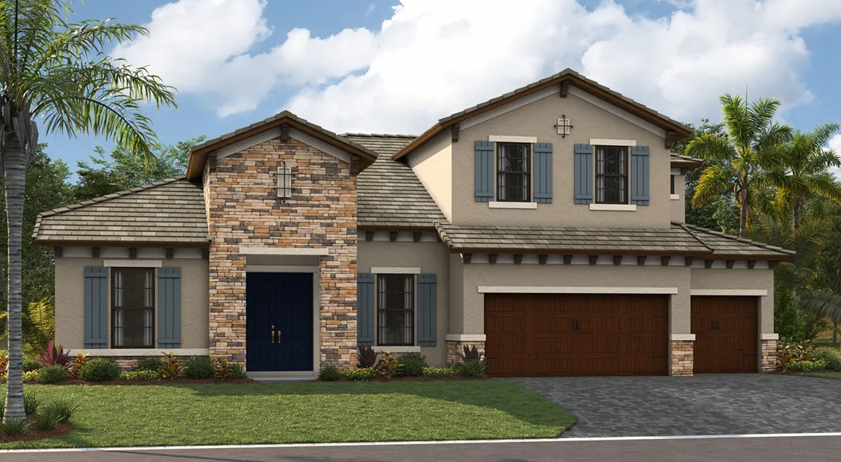 Two-story suburban house with stone and stucco exterior, blue shutters, dark double front door, and a three-car garage with brown wooden doors. Palm trees and landscaping are visible in front, under a partly cloudy sky.
