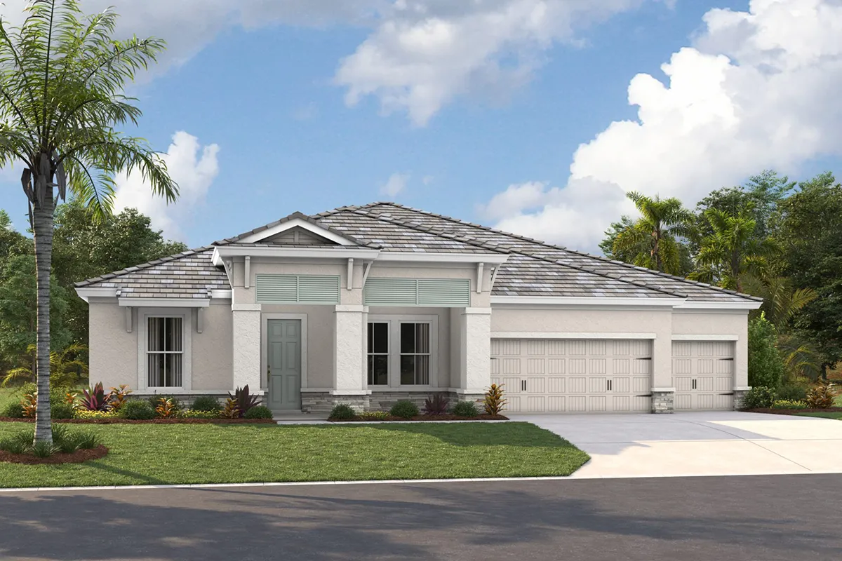 Single-story modern house with a gray-tiled roof, white exterior, three-car garage, and landscaped front yard with small plants and a palm tree, set against a partly cloudy sky.