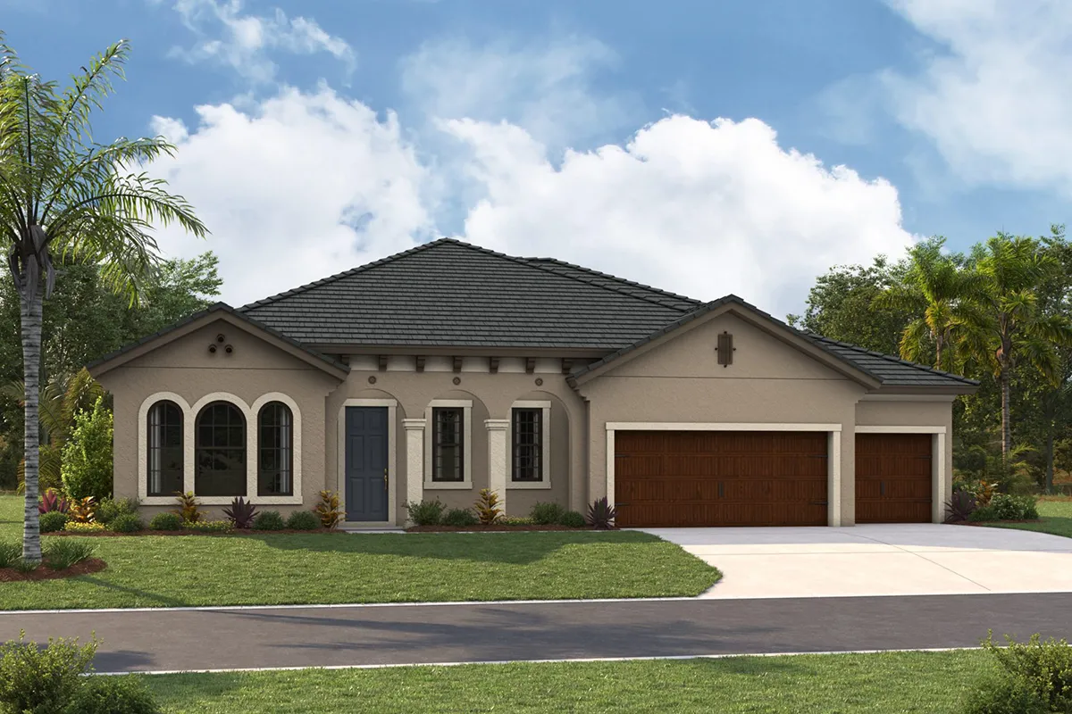 A modern, single-story house with a dark gray tiled roof, beige exterior walls, arched windows, and three wooden garage doors. The home is surrounded by green grass, palm trees, and a blue sky with clouds.