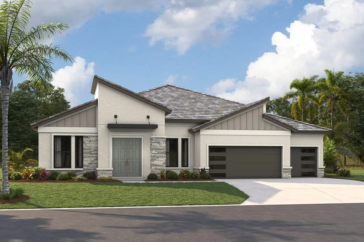 Modern single-story house with a gray tile roof, white and stone exterior, large front windows, double front doors, and a three-car garage. The home is surrounded by a green lawn, palms, and landscaped shrubs.